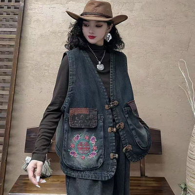 复古文艺时尚个性刺绣牛仔马甲女宽松百搭春秋坎肩上衣K43
