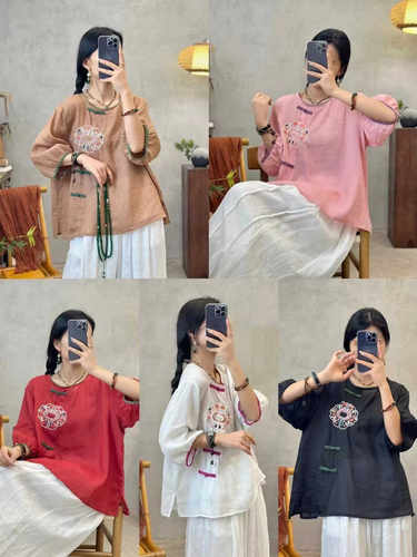 圆领别致三粒盘扣刺绣苎麻文艺