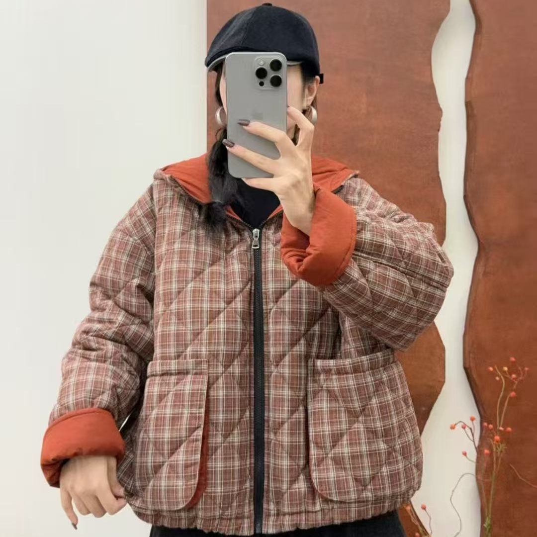 加棉加厚立体大双口袋格纹连帽休闲棉服文艺复古菱形压线棉衣C21