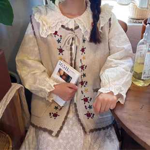 森女棉线日系甜美花朵刺绣叠穿背心马甲宽松系带无袖 针织开衫 D21