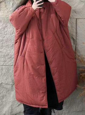 慵懒风大版宽松显瘦休闲翻领棉服外套中长款纯色单排扣棉衣N35