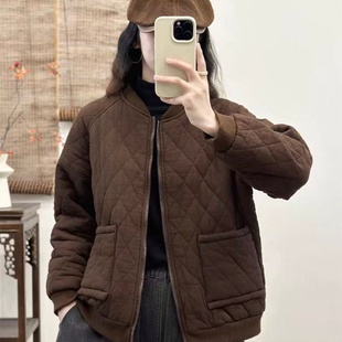 菱格绗缝棒球服领休闲夹棉外套女复古宽松百搭纯色棉衣