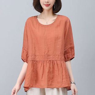 纯苎麻宽松百搭圆领套头娃娃衫新款精致小刺绣舒适上衣B15