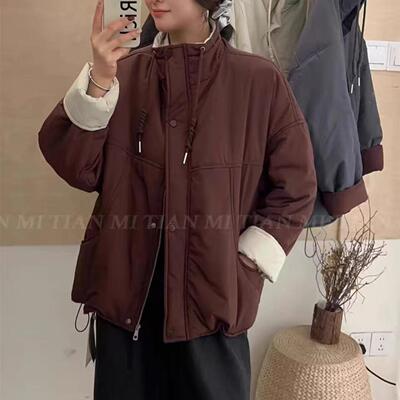 领口抽绳小立领大码宽松纯色净版新货外女宽松百搭撞色上衣M32#