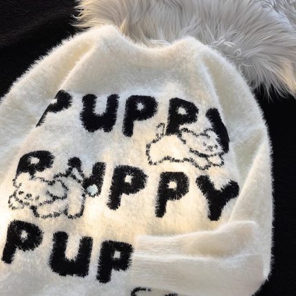 美式卡通提花圆领毛衣男女秋冬季慵懒宽松潮牌新款针织衫外套