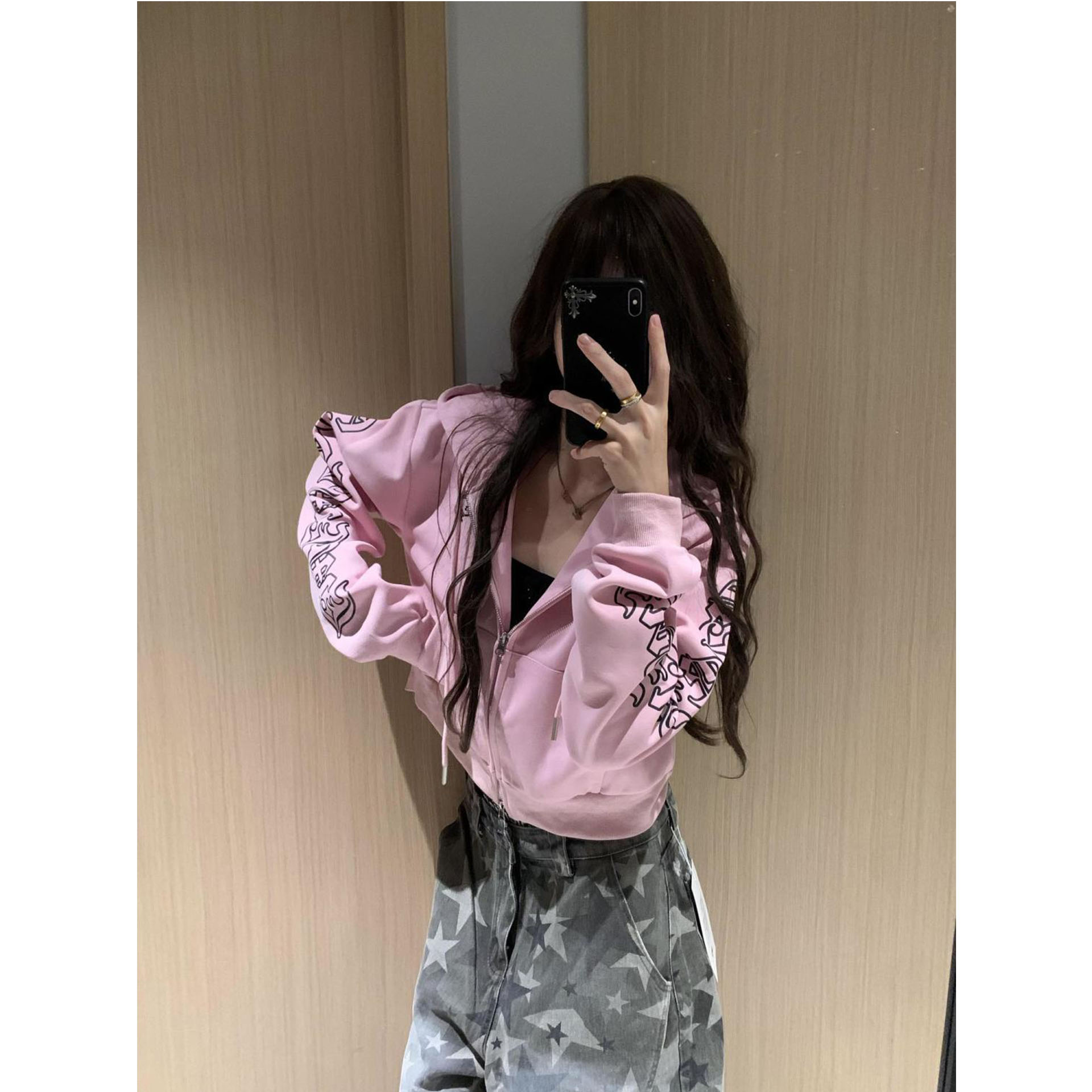 美式复古粉色连帽衫女长袖卫衣