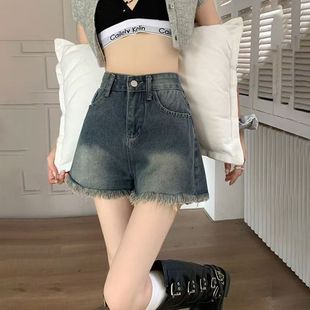 胖妹妹炸街辣妹显瘦阔腿a字热裤 毛边高腰牛仔短裤 大码 女夏季 薄款