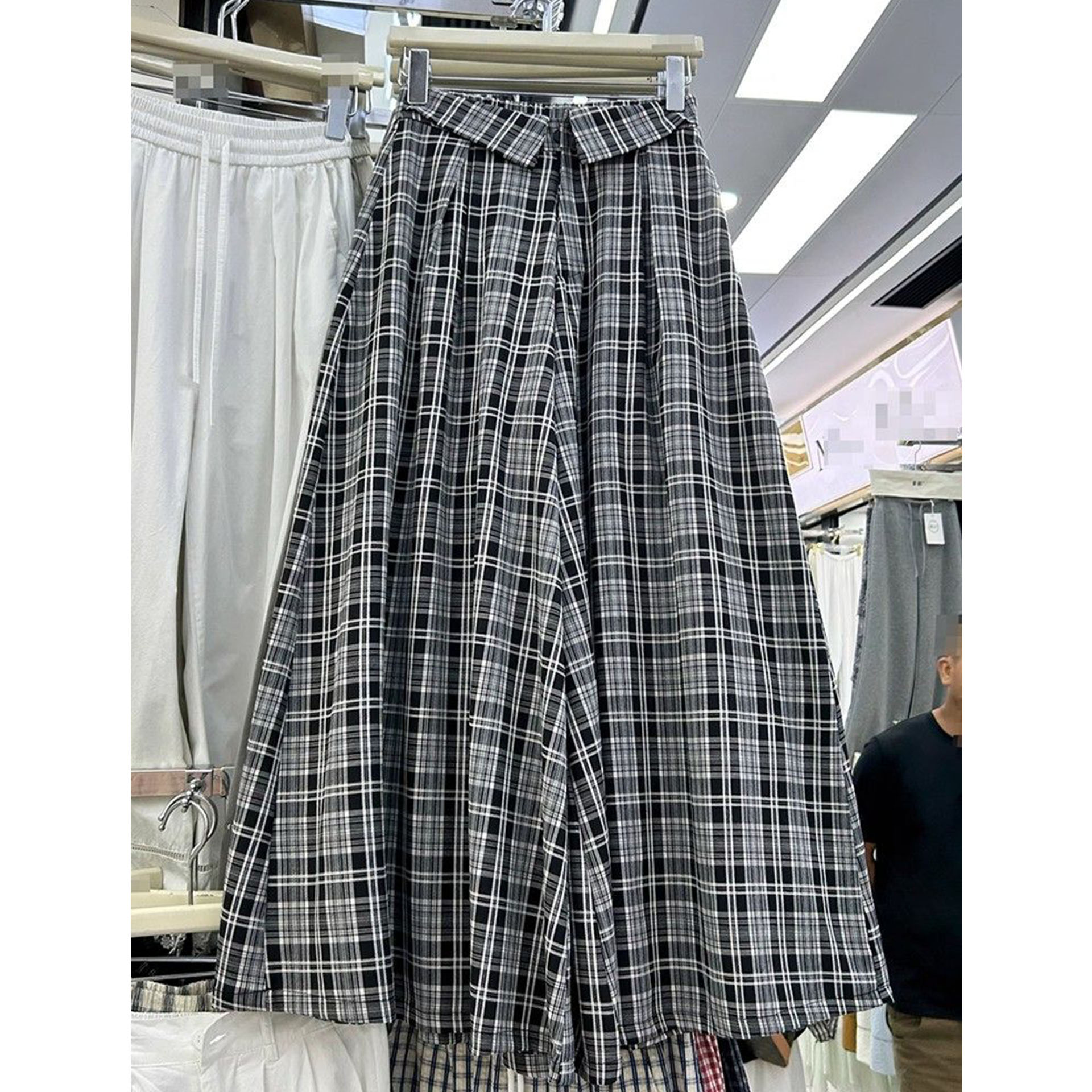 黑白格子直筒高腰阔腿裤女
