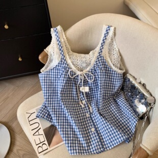 上衣外穿宽松 小个子假两件无袖 海边穿搭 韩系格子吊带背心女夏季