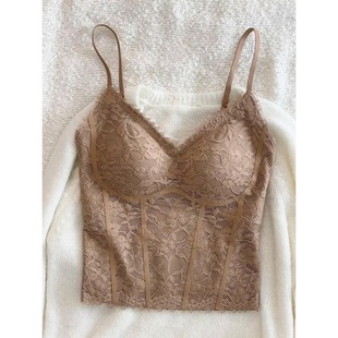 爆款 纯欲蕾丝鱼骨吊带背心女秋冬性感聚拢带杯垫一体内搭外穿上衣