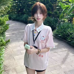 美式复古小狗刺绣假两件POLO领短袖t恤女2026夏季慵懒风宽松上衣