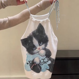 猫咪针织挂脖吊带背心女外穿夏季 抹胸小上衣独特绝美 泰式 辣妹无袖