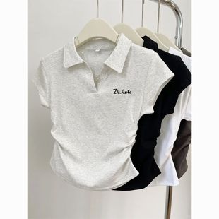 复古chic正肩短袖 设计感学院显瘦短上衣 T恤女Polo领2025夏季 新款