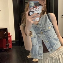 美式复古牛仔背心马甲女款夏季外搭修身坎肩短款外穿无袖外套上衣