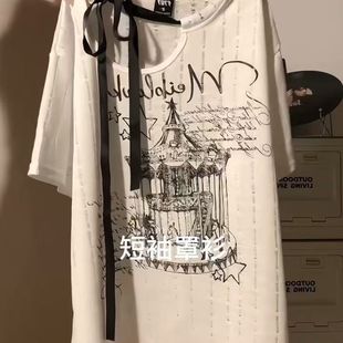 甜酷辣妹印花蝴蝶结绑带镂空短袖 上衣 T恤女夏季 宽松显瘦慵懒半袖