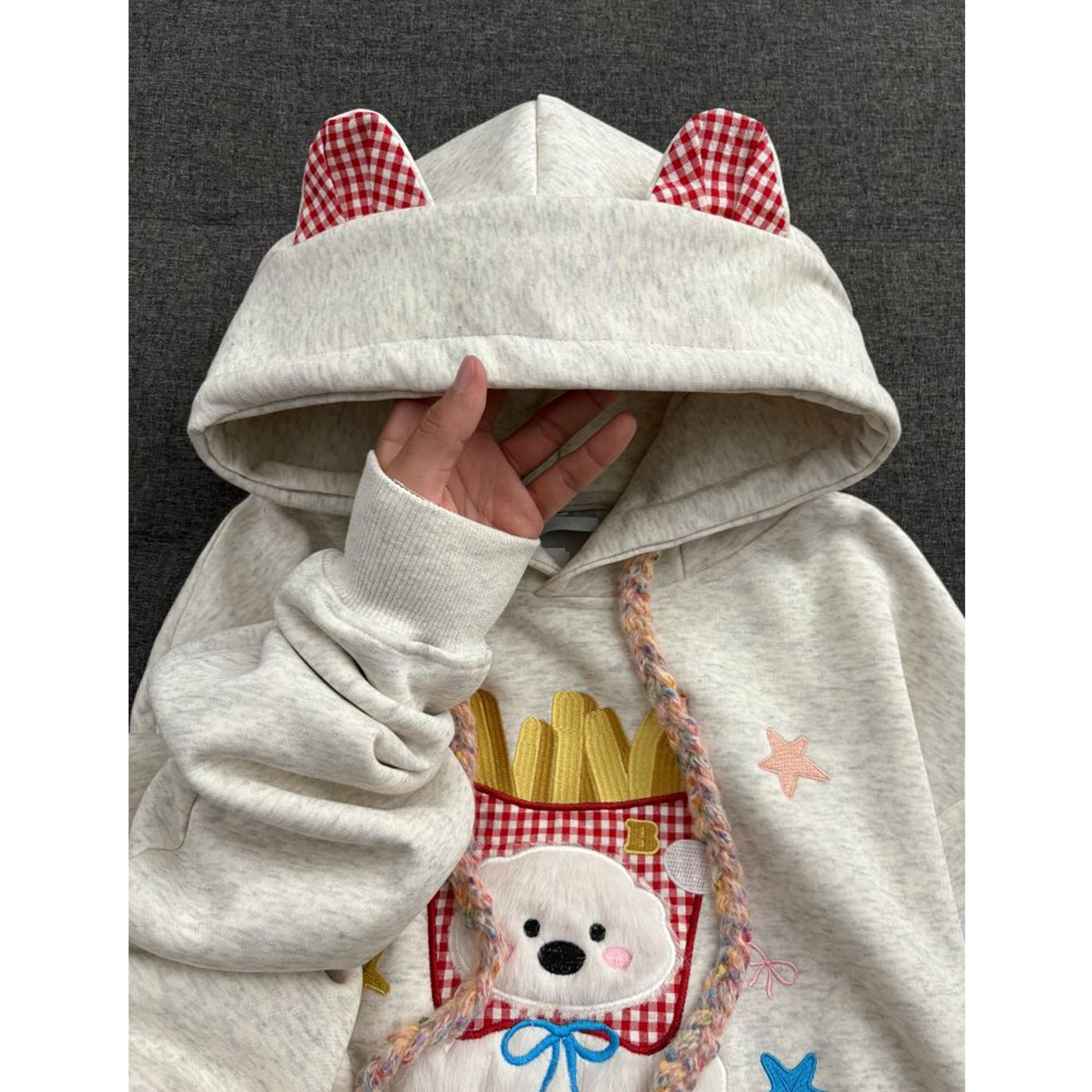 可爱刺绣薯条小狗耳朵连帽卫衣女秋冬宽松韩系慵懒风chic帽衫外套