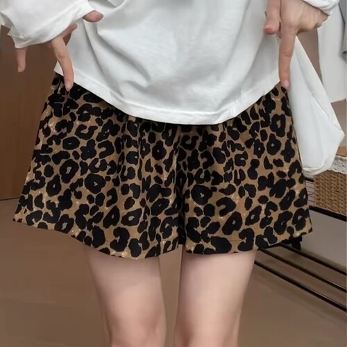 夏薄款高腰显瘦豹纹阔腿五分裤