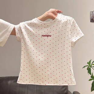 短款 修身 减龄小上衣 t恤女显瘦学生夏季 韩系白色波点圆领正肩短袖