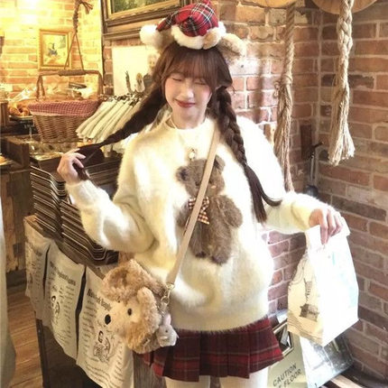 甜美小熊学生毛衣女秋冬日系毛茸茸软糯慵懒风慵懒宽松套头针织衫