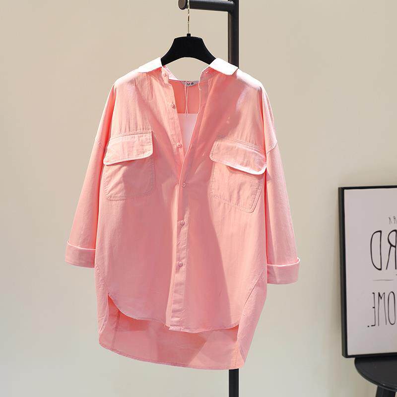 专柜撤回西瓜红色双口袋棉麻衬衫女韩版宽松休闲衬衣前短后长上衣