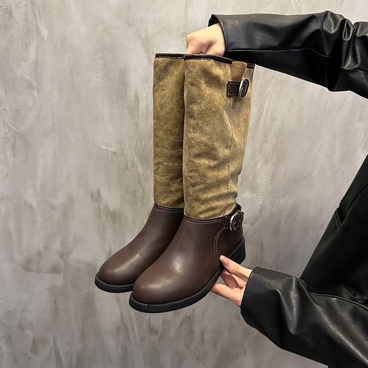 法式复古西部靴女2024新款绒面高筒靴骑士靴皮带扣拼色堆堆靴女靴