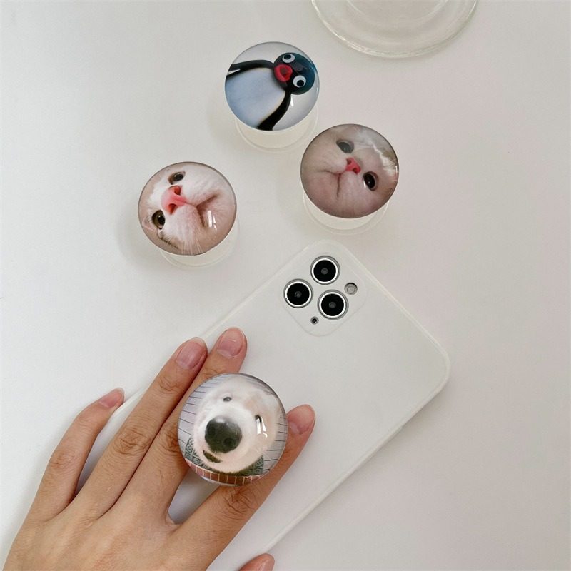 创意猫咪企鹅气囊支架玻璃水晶球透明可伸缩桌面支撑手机支架定制