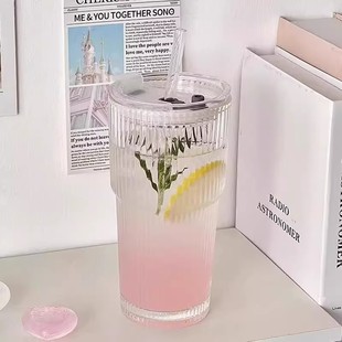 高颜值玻璃吸管杯女生大容量喝水杯子家用果汁饮料咖啡水杯双饮杯