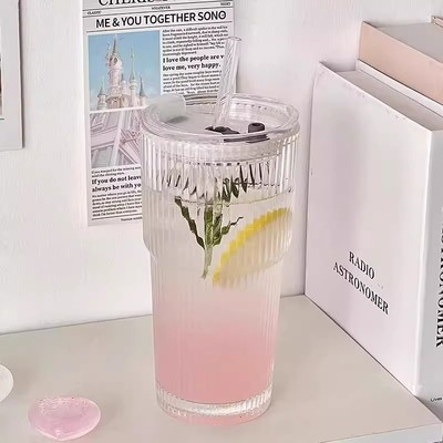 高颜值玻璃吸管杯女生大容量喝水杯子家用果汁饮料咖啡水杯双饮杯