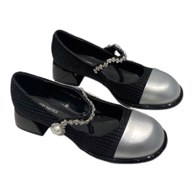 CHEN2025新款真皮女鞋圆头粗跟单鞋水钻浅口高跟鞋