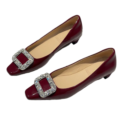 CHEN2025新款牛皮方头浅口单鞋女粗跟高跟鞋水钻方扣浅口低跟单鞋