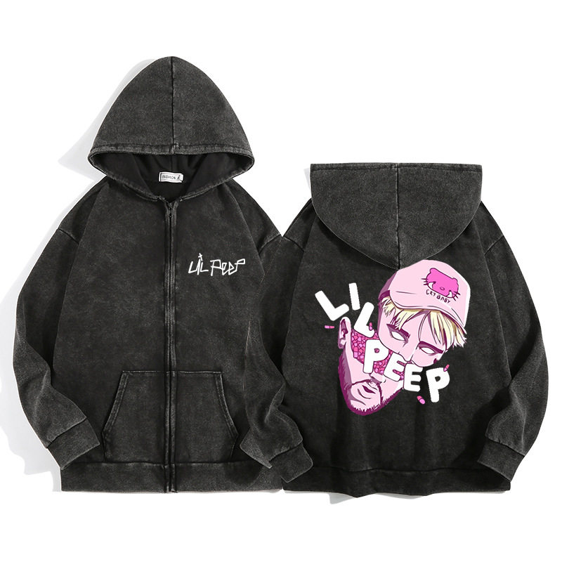 美国说唱歌手lil peep 情侣连帽拉链开衫外套复古潮流春秋新款ins