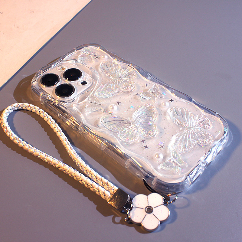 滴胶闪粉满屏蝴蝶适用iPhone15手机壳15promax新款简约苹果14立体硅胶全包13个性波浪边12/11/x/xr