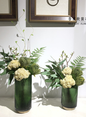 现代轻奢样板间家居装饰摆件插花套装 墨绿色竖条纹花瓶假花摆件