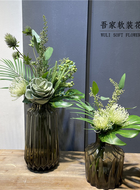 现代新中式绿色仿真花艺套装  售楼部会所玄关柜茶几软装摆件