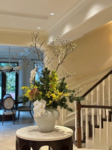 摆件 样板间会所玄关客厅桌面软装 新中式 仿真花艺绿植套装