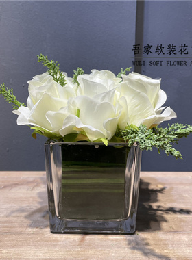 白玫瑰假花花艺套装 样板间餐厅客厅茶几桌面饰品摆件
