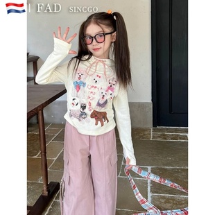 SINCGO女童卡通印花T恤春秋儿童宝宝连帽蝴蝶结甜美上衣 法国FAD