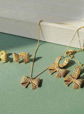 欧美风格余量蝴蝶结吊坠耳扣钉锆石可爱甜美气质套装项链女