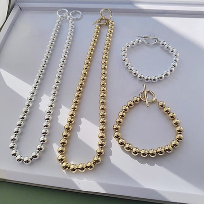 欧美饰品出口带logo铜件镀金银土豪豆转运珠手链短款锁骨链项链女