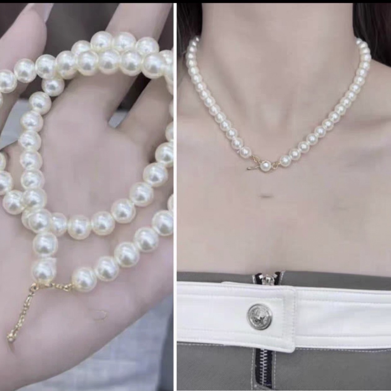 欧美风格轻奢小众质感玻璃仿珍珠短款锁骨链饰品女生耳夹项链图片