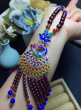 石榴石毛衣链项链搭配景泰蓝凤凰银饰紫牙乌石榴石毛衣项链挂绳