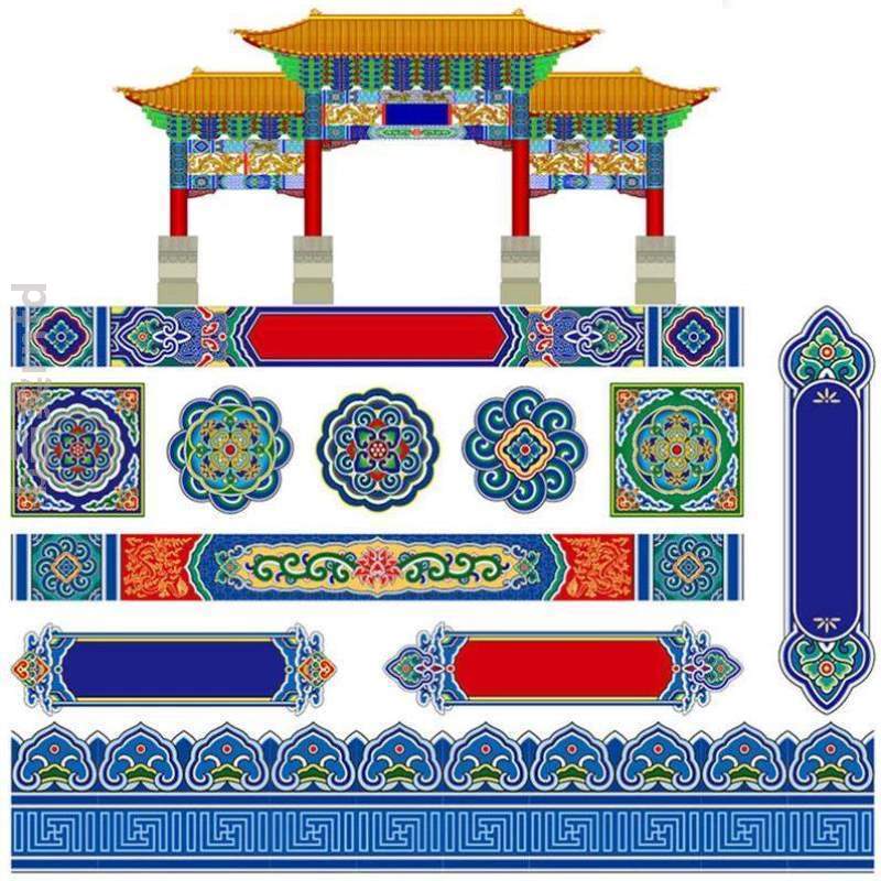 彩画壁画定制墙布房梁古建筑古代装饰皇宫{壁纸吊顶彩绘横梁图片