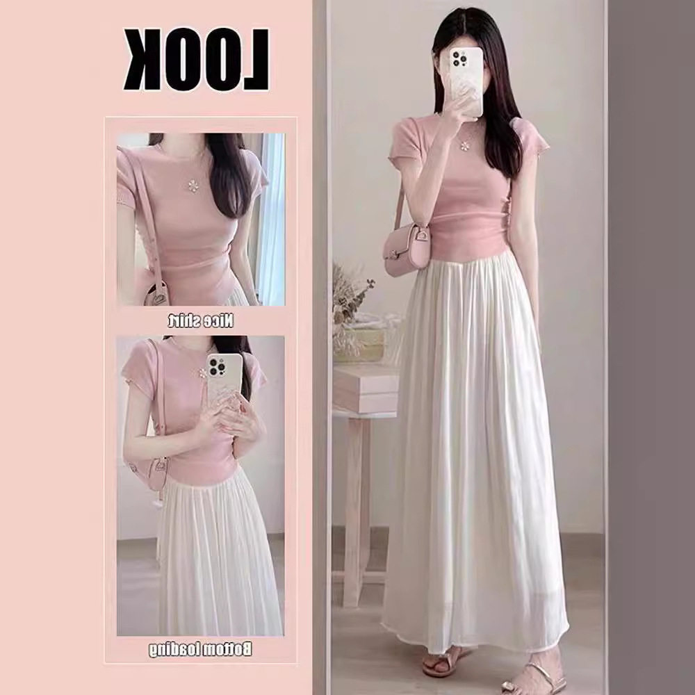 夏季小个子盐系穿搭粉色短袖上衣半身裙气质轻熟小香风两件套装女