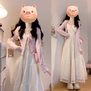 小个子韩系穿搭白色吊带连衣裙子女秋季2025新款法式气质套装长裙