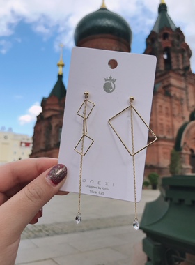 韩版新款锆石长款耳环小香风流苏时尚个性ab款不对称耳夹坠88156