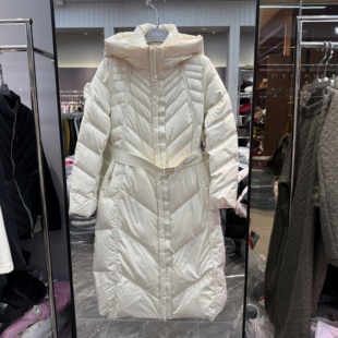 欧洲站2025冬季新款连帽腰带收腰皮质百搭过膝长款羽绒服保暖外套