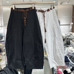 欧洲站2026春新款 高腰显瘦百搭款 黑色配腰带休闲弯刀裤 6E162 时尚