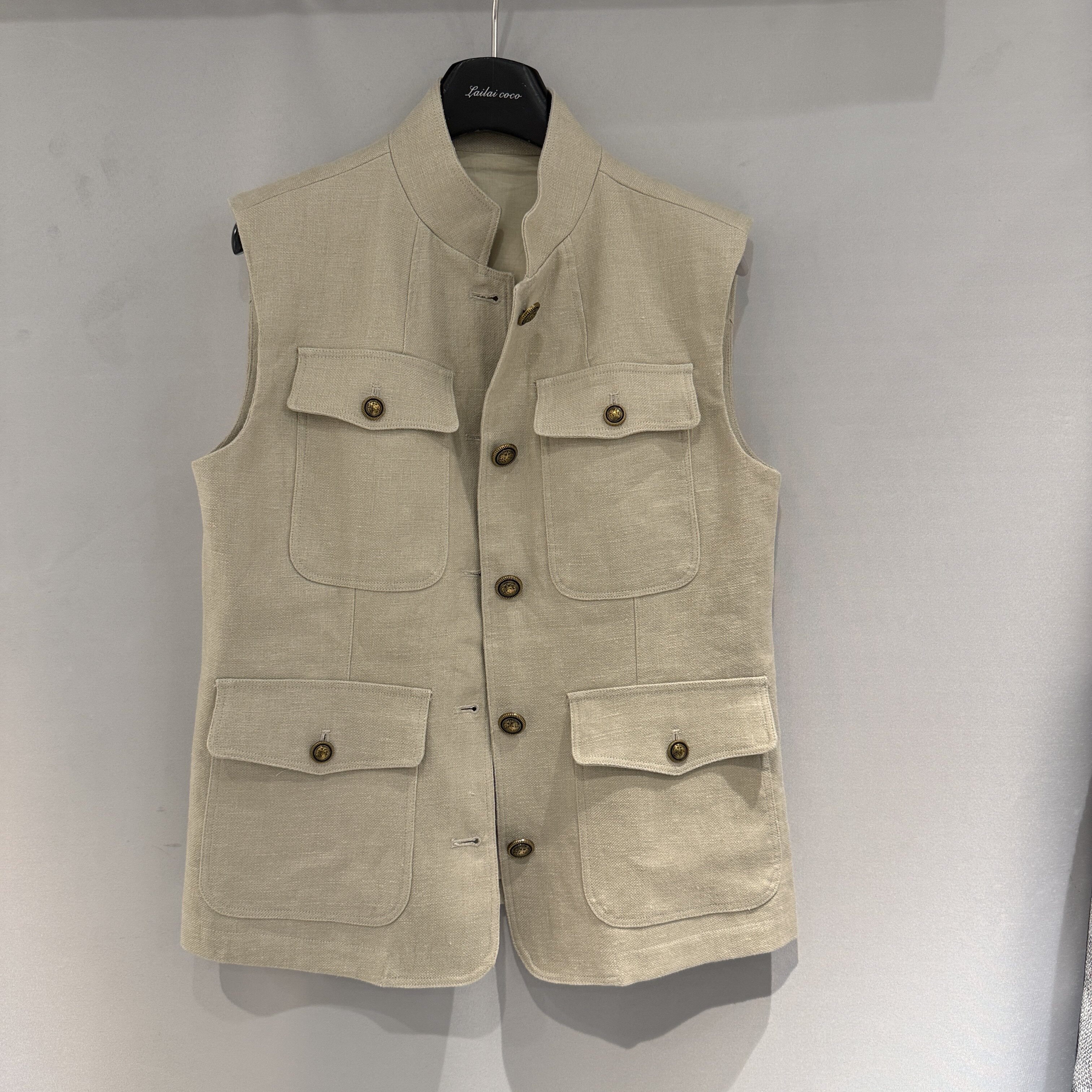 欧洲站2026春季新款立领前口袋设计通勤高级感舒适亚麻款马夹坎肩