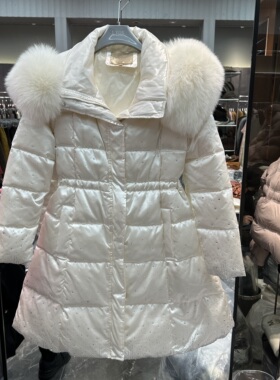 欧洲站2025冬季新款连帽狐狸毛拼接重工烫钻保暖白鹅绒外套25866