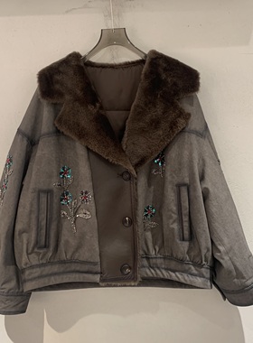 欧洲站2025冬季新款翻领刺绣钉珠设计感显瘦皮毛一体鹅绒服85105
